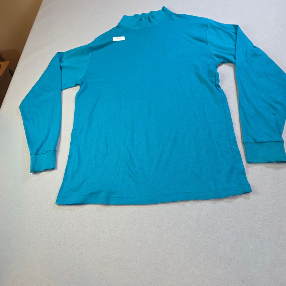 Vintage Lands End Mens L Teal Blue Mock Neck Long Sleeve T-Shirt USA Cotton